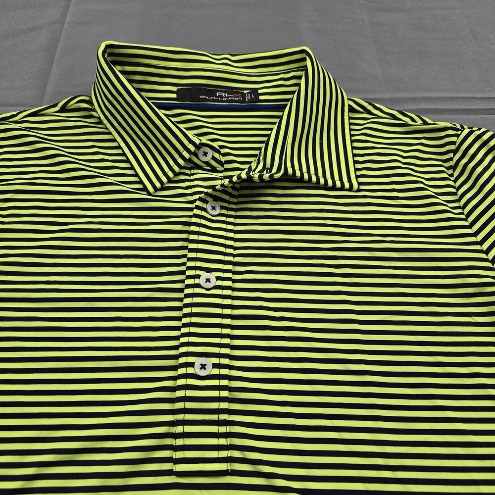 RLX Ralph Lauren Polo Mens L Neon Yellow Blue Striped Performance Golf Shirt